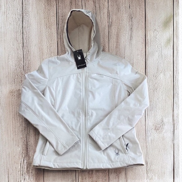 Spyder NWT Women’s MoonBeam Small Zip Up Hooded Jacket Coat Light Cream - Picture 2 of 9